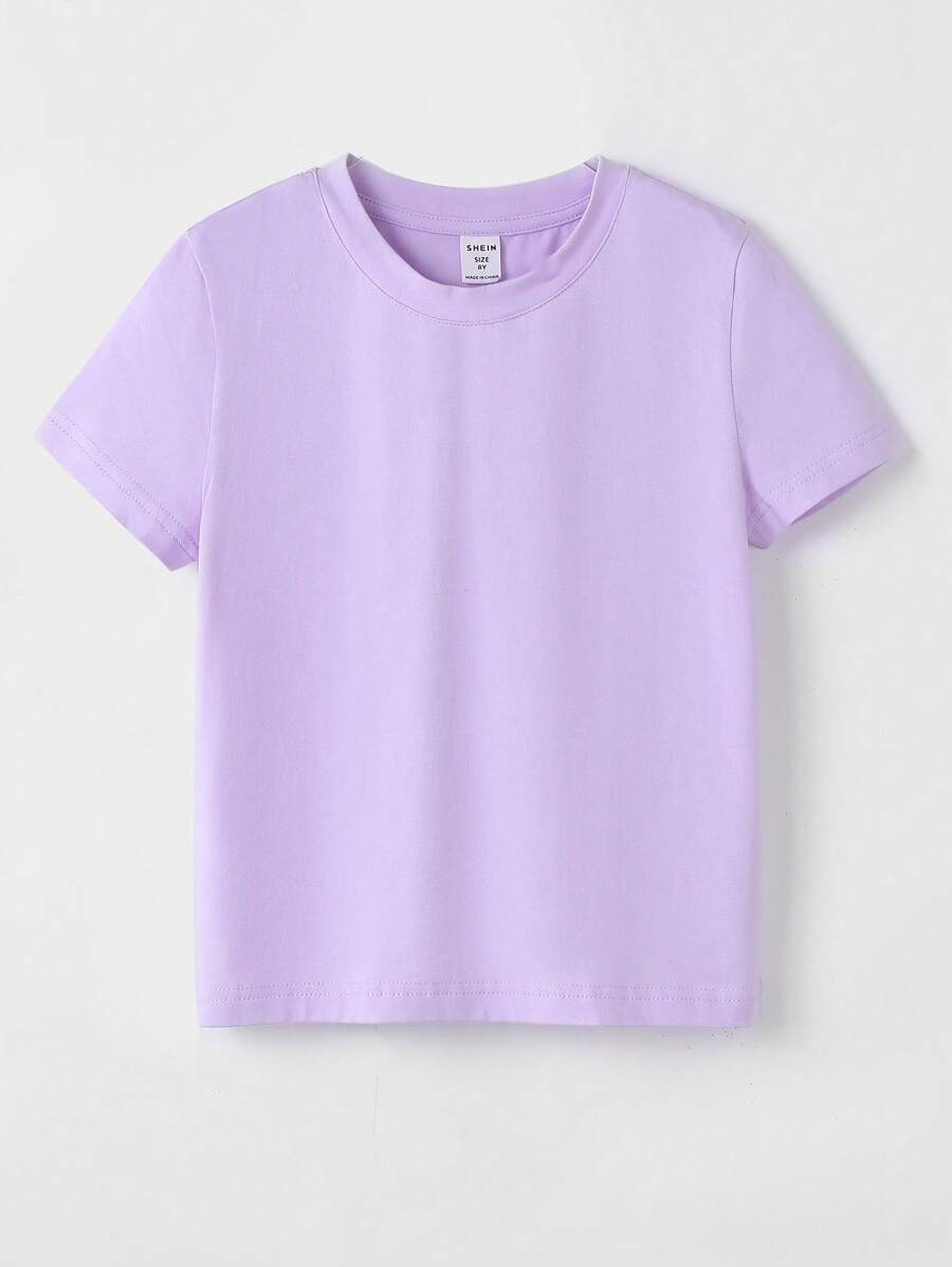 SHEIN Tween Girl Short Sleeve Casual Solid Color Round Neck T-Shirt, Summer - Lilac Purple - View 1