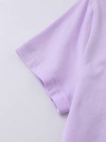 SHEIN Tween Girl Short Sleeve Casual Solid Color Round Neck T-Shirt, Summer - Lilac Purple - View 3