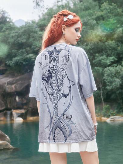 Fairycore Meerjungfrau Drop Shoulder T-Shirt mit Skelett Grafik