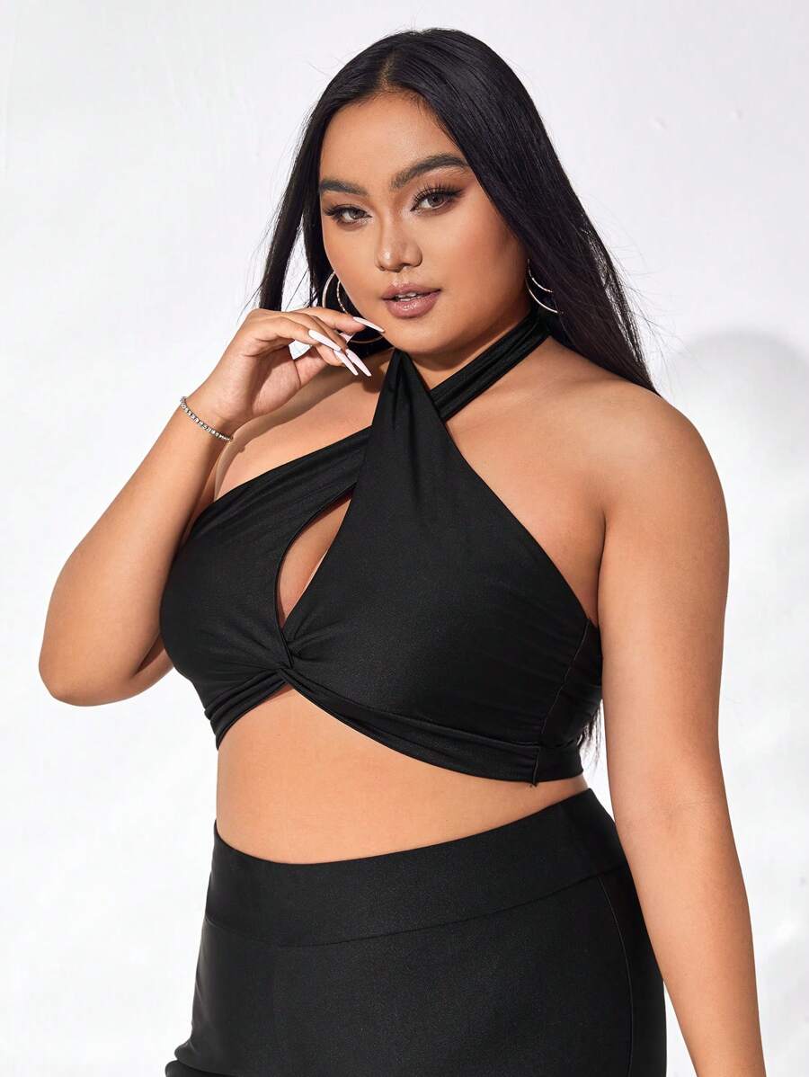 evoluSHEIN X Anitta Áo hai dây Plus Size Lộ Lưng Hội Chữ thập Buộc lại xoắn lại màu trơn Gợi cảm - màu đen - Xem 1