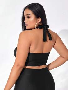 evoluSHEIN X Anitta Áo hai dây Plus Size Lộ Lưng Hội Chữ thập Buộc lại xoắn lại màu trơn Gợi cảm - màu đen - Xem 2