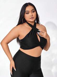 evoluSHEIN X Anitta Áo hai dây Plus Size Lộ Lưng Hội Chữ thập Buộc lại xoắn lại màu trơn Gợi cảm - màu đen - Xem 4