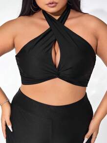 evoluSHEIN X Anitta Áo hai dây Plus Size Lộ Lưng Hội Chữ thập Buộc lại xoắn lại màu trơn Gợi cảm - màu đen - Xem 5
