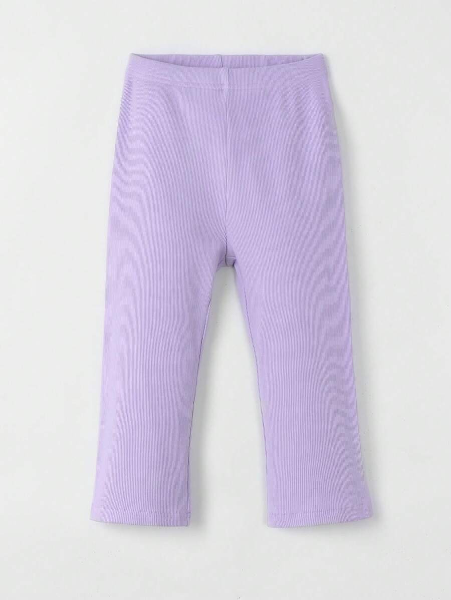 SHEIN Girls Solid Ribbed Knit Leggings - Lilac Purple - View 1