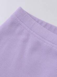 SHEIN Girls Solid Ribbed Knit Leggings - Lilac Purple - View 3