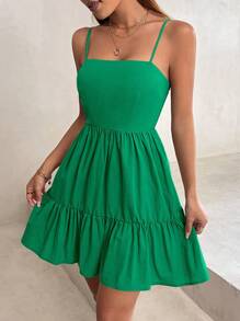 SHEIN PETITE Solid Ruffle Hem Cami Dress - Green - View 5