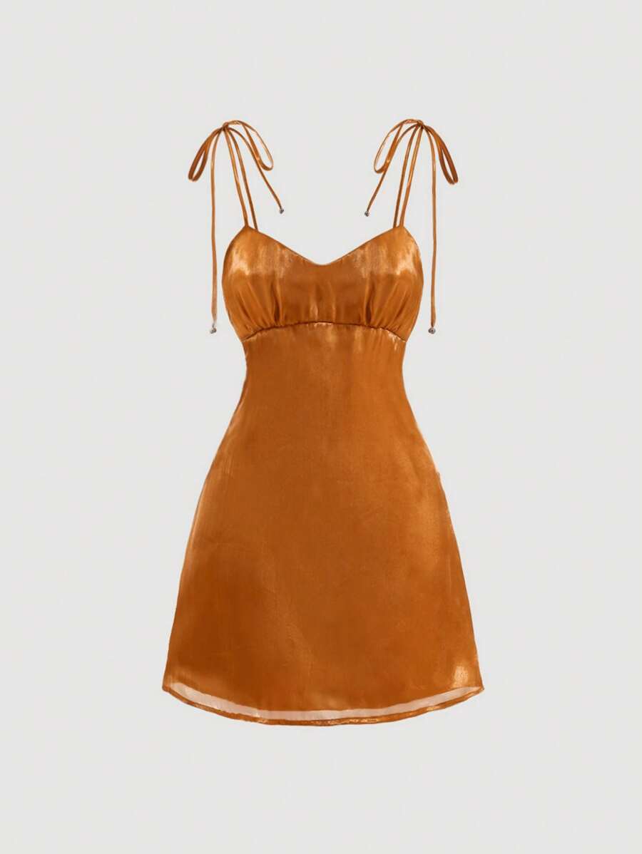 SHEIN MOD Đầm Thắt nút Dây kéo Nếp gấp Phần Ngực màu trơn Giải trí - Màu Cam cháy - Xem 1