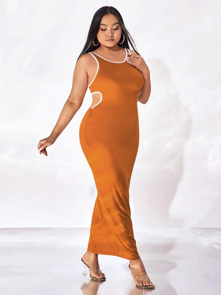 evoluSHEIN X Anitta 大碼撞色滾邊腰部鏤空緊身連衣裙 - 棕色 - 查看 1