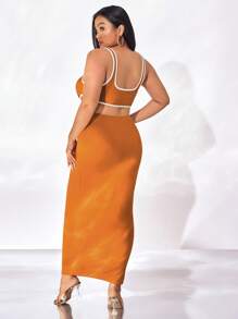 evoluSHEIN X Anitta 大碼撞色滾邊腰部鏤空緊身連衣裙 - 棕色 - 查看 2