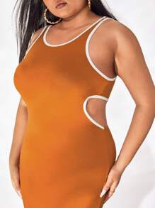 evoluSHEIN X Anitta 大碼撞色滾邊腰部鏤空緊身連衣裙 - 棕色 - 查看 5