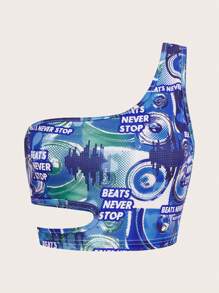 SHEIN ICON Letter Graphic One Shoulder Cut Out Crop Top - Multicolor - View 6