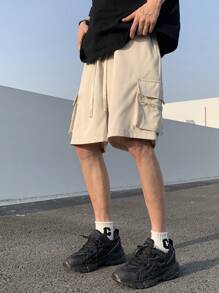 Manfinity LEGND Men Flap Pocket Side Drawstring Waist Cargo Shorts - Apricot - View 4