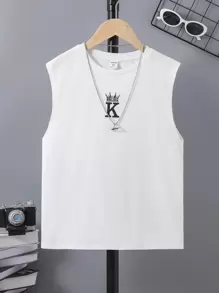 SHEIN Tanks Bé Trai Lá thư Giải trí - trắng - Xem 1