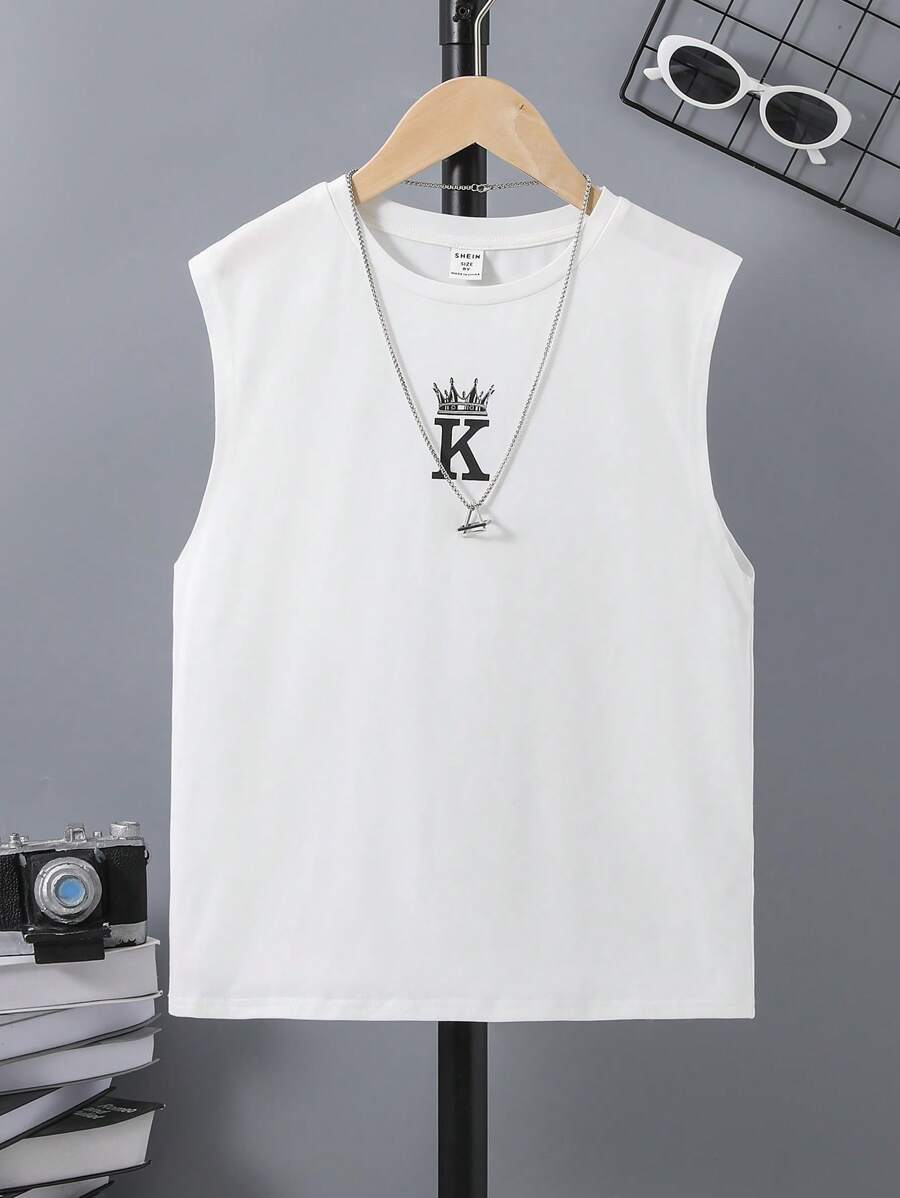 SHEIN Tanks Bé Trai Lá thư Giải trí - trắng - Xem 1