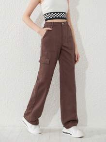 SHEIN 青少年女孩翻蓋口袋工裝牛仔褲 - 棕色 - 查看 4