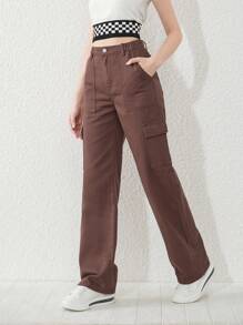 SHEIN 青少年女孩翻蓋口袋工裝牛仔褲 - 棕色 - 查看 5