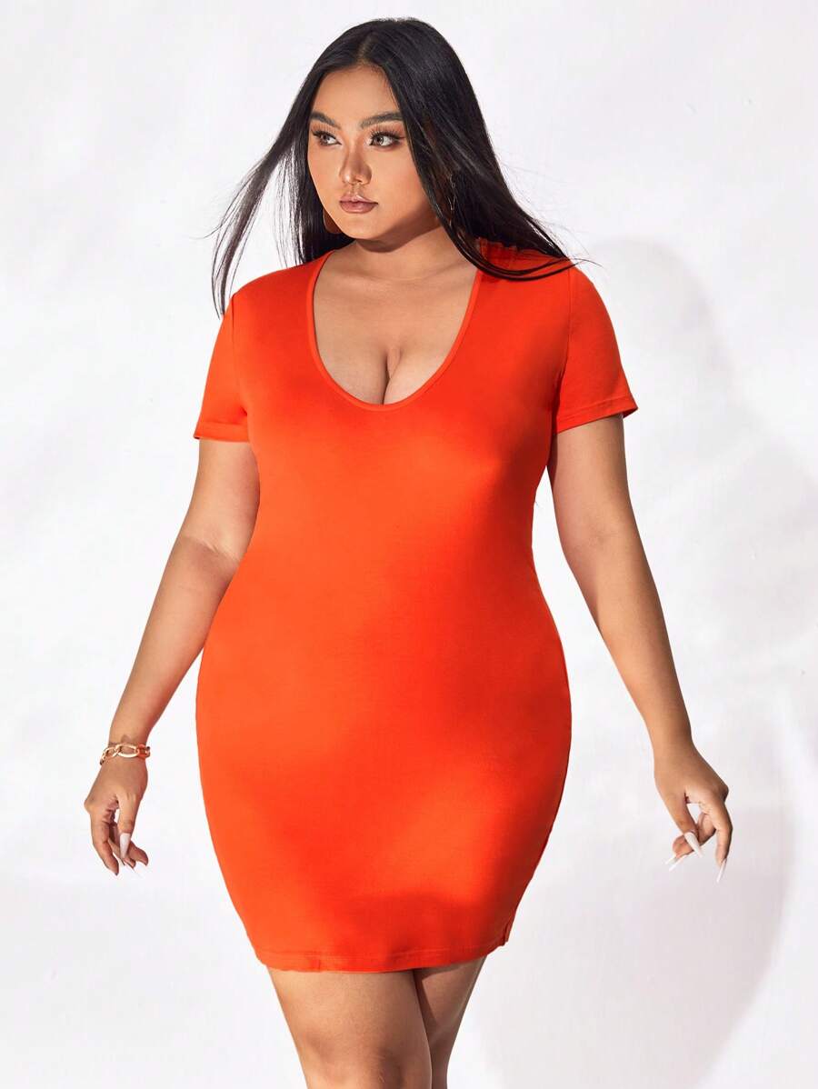 evoluSHEIN X Anitta Plus Solid Bodycon Dress - Orange - View 1