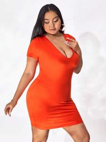 evoluSHEIN X Anitta Plus Solid Bodycon Dress - Orange - View 5