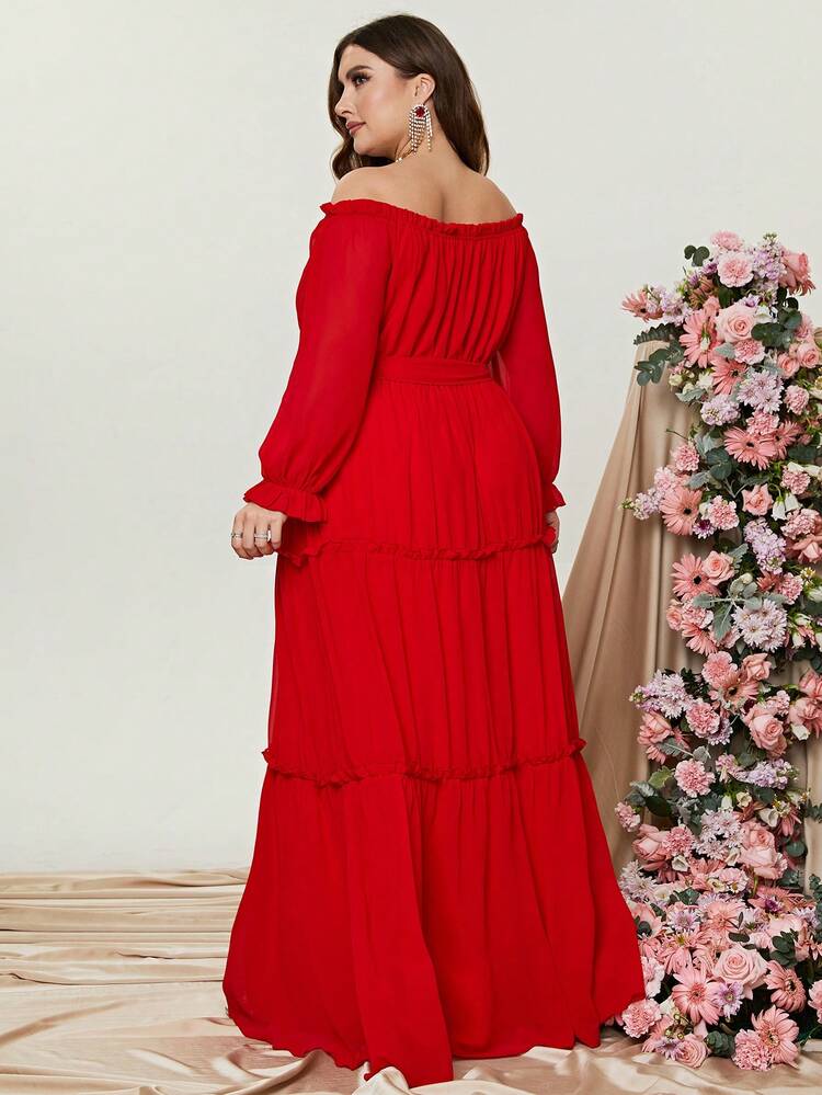 Women Elegant Plus Off Shoulder Flounce Sleeve Ruffle Hem Belted Dress,Summer Holiday Outfits