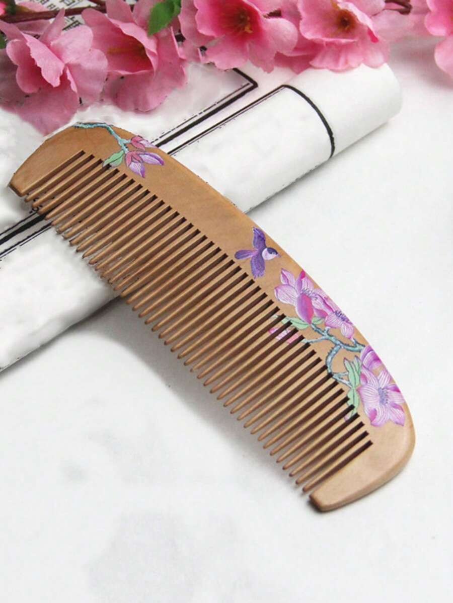 1入組天然桃木髮梳，密齒防靜電纏結頭部按摩頭髮造型梳 - 黃色 - 查看 1