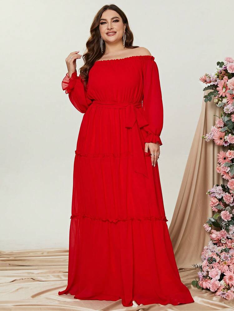 Women Elegant Plus Off Shoulder Flounce Sleeve Ruffle Hem Belted Dress,Summer Holiday Outfits
