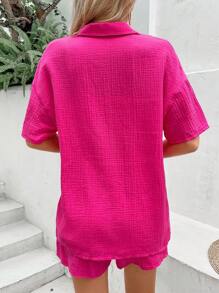 SHEIN VCAY Bộ đồ hai mảnh nữ Nút phía trước màu trơn Giải trí - Màu Hồng Tươi - Xem 2