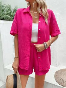 SHEIN VCAY Bộ đồ hai mảnh nữ Nút phía trước màu trơn Giải trí - Màu Hồng Tươi - Xem 5