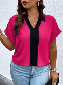 SHEIN LUNE Plus Contrast Panel Batwing Sleeve Blouse - Hot Pink - View 3