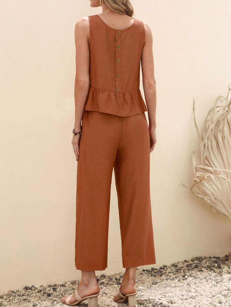 SHEIN LUNE 素色荷葉邊上衣和闊腿褲 - 鏽棕色 - 查看 1