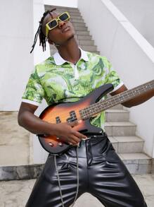 Manfinity EMRG Men Marble Print Contrast Collar Polo Shirt - Green - View 3