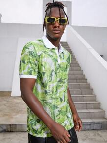 Manfinity EMRG Men Marble Print Contrast Collar Polo Shirt - Green - View 4