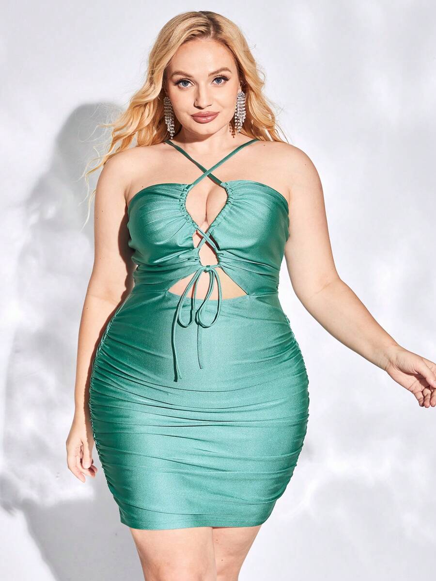 evoluSHEIN X Anitta Đầm Plus Size Cắt ra Ren lên Xù màu trơn Gợi cảm - màu xanh lá - Xem 1