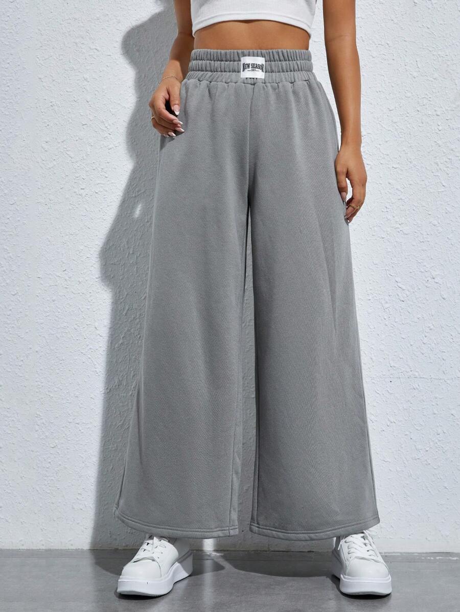 SHEIN PETITE Letter Patched Detail Wide Leg Sweatpants - Grey - View 1