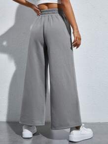SHEIN PETITE Letter Patched Detail Wide Leg Sweatpants - Grey - View 2