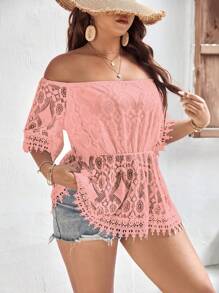 SHEIN Holidaya áo nữ kích thước lớn màu trơn Thanh lịch - Màu Hồng baby - Xem 3