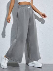 SHEIN PETITE Letter Patched Detail Wide Leg Sweatpants - Grey - View 3