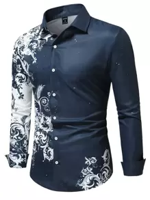 Manfinity LEGND 男士印花前紐扣襯衫 - 藏蓝色 - 查看 1