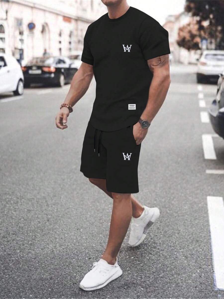 Manfinity Homme Men Letter Graphic Slogan Patched Detail Tee & Drawstring Waist Shorts - Black - View 1