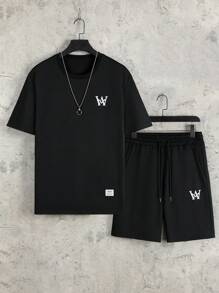 Manfinity Homme Men Letter Graphic Slogan Patched Detail Tee & Drawstring Waist Shorts - Black - View 2