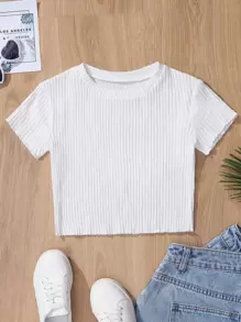 SHEIN Cottnline Chicas Camiseta unicolor tejido de canalé - Blanco - Ver 1