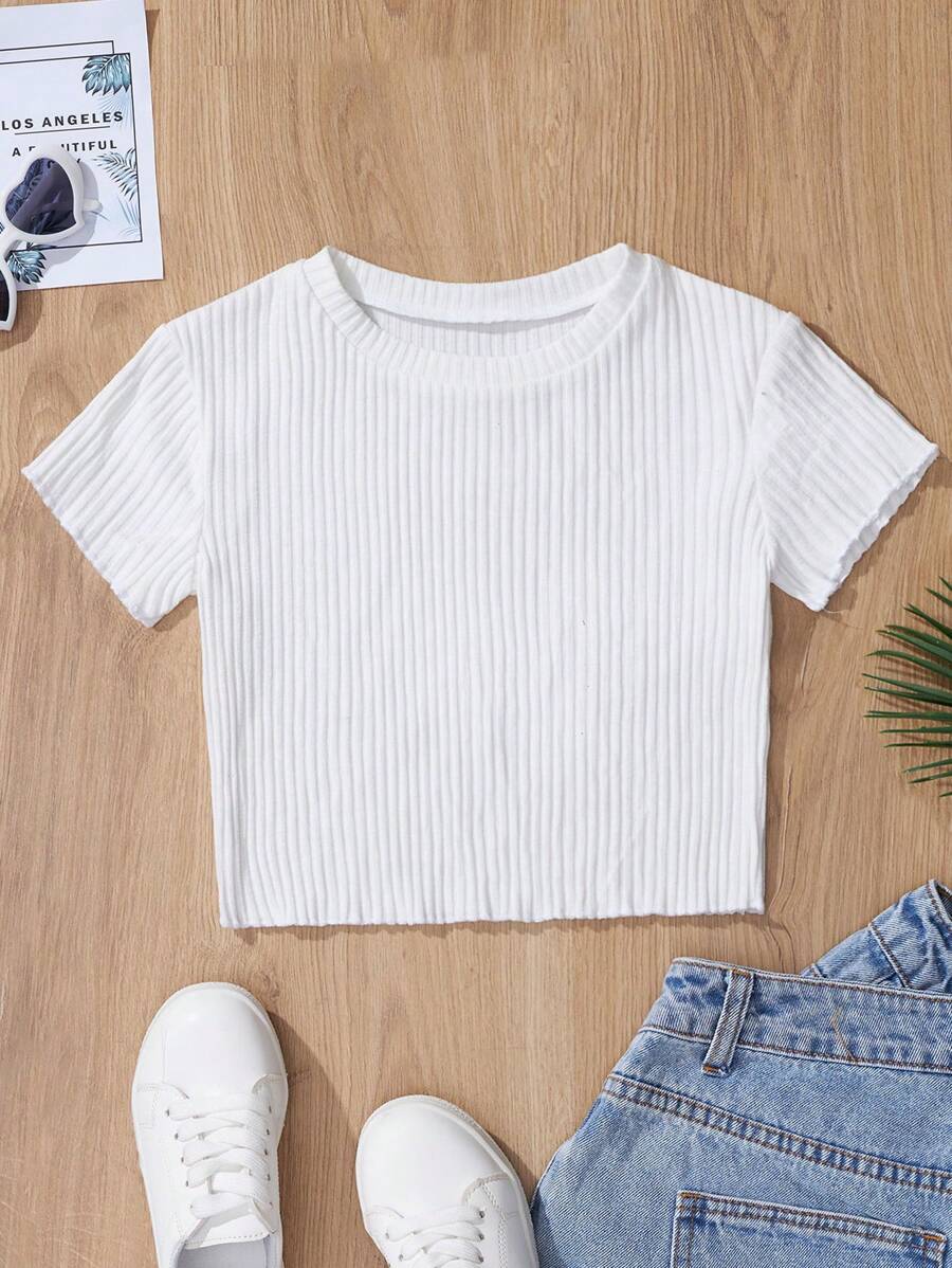 SHEIN Cottnline Chicas Camiseta unicolor tejido de canalé - Blanco - Ver 1