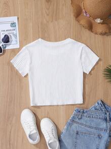 SHEIN Cottnline Chicas Camiseta unicolor tejido de canalé - Blanco - Ver 2