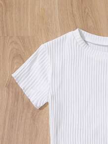 SHEIN Cottnline Chicas Camiseta unicolor tejido de canalé - Blanco - Ver 3