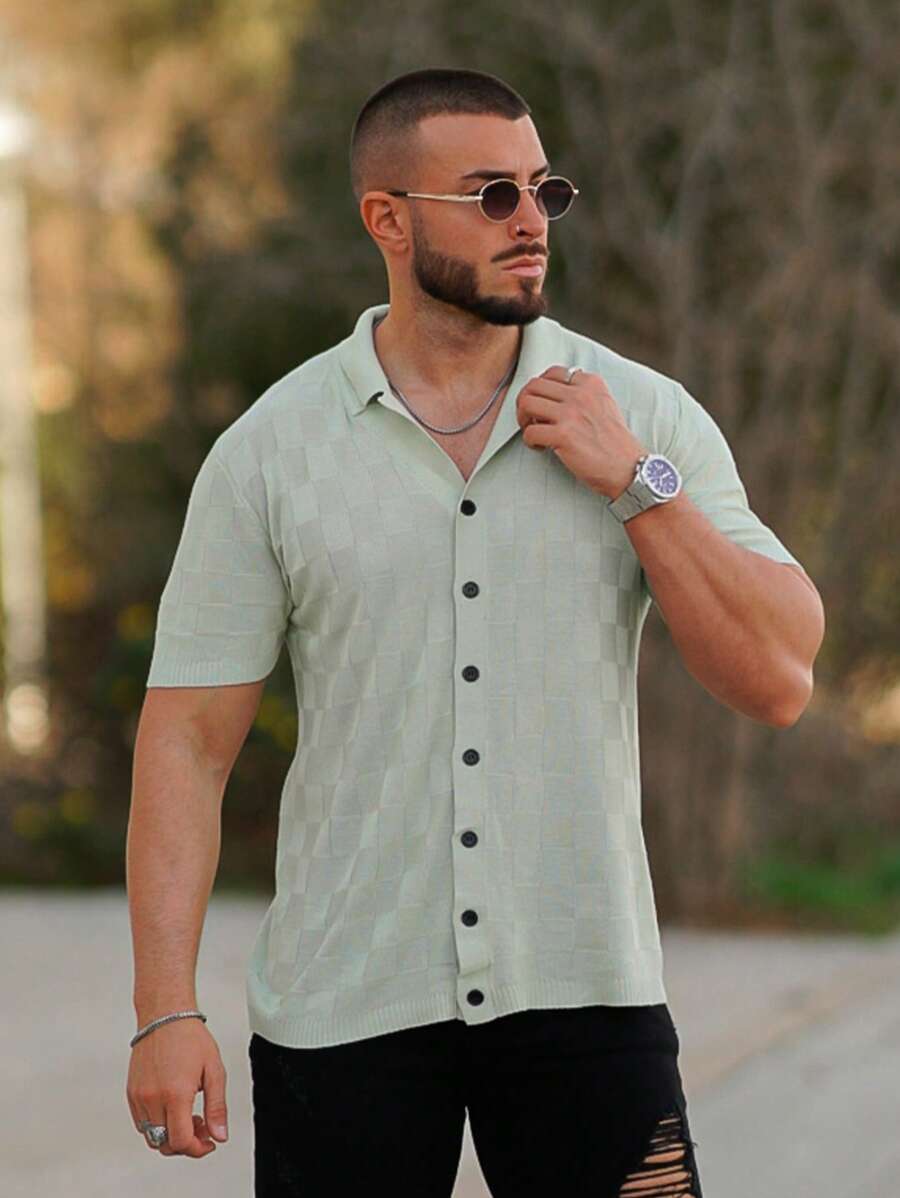 Men Solid Button Up Knit Top - Mint Green - View 1