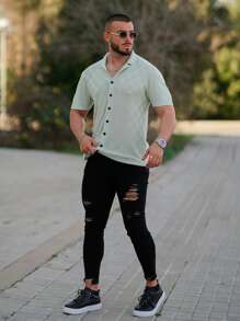 Men Solid Button Up Knit Top - Mint Green - View 4
