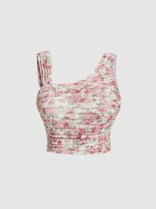 SHEIN MOD Plus Allover Floral Print Asymmetrical Neck Ruched Crop Top - Multicolor - View 1