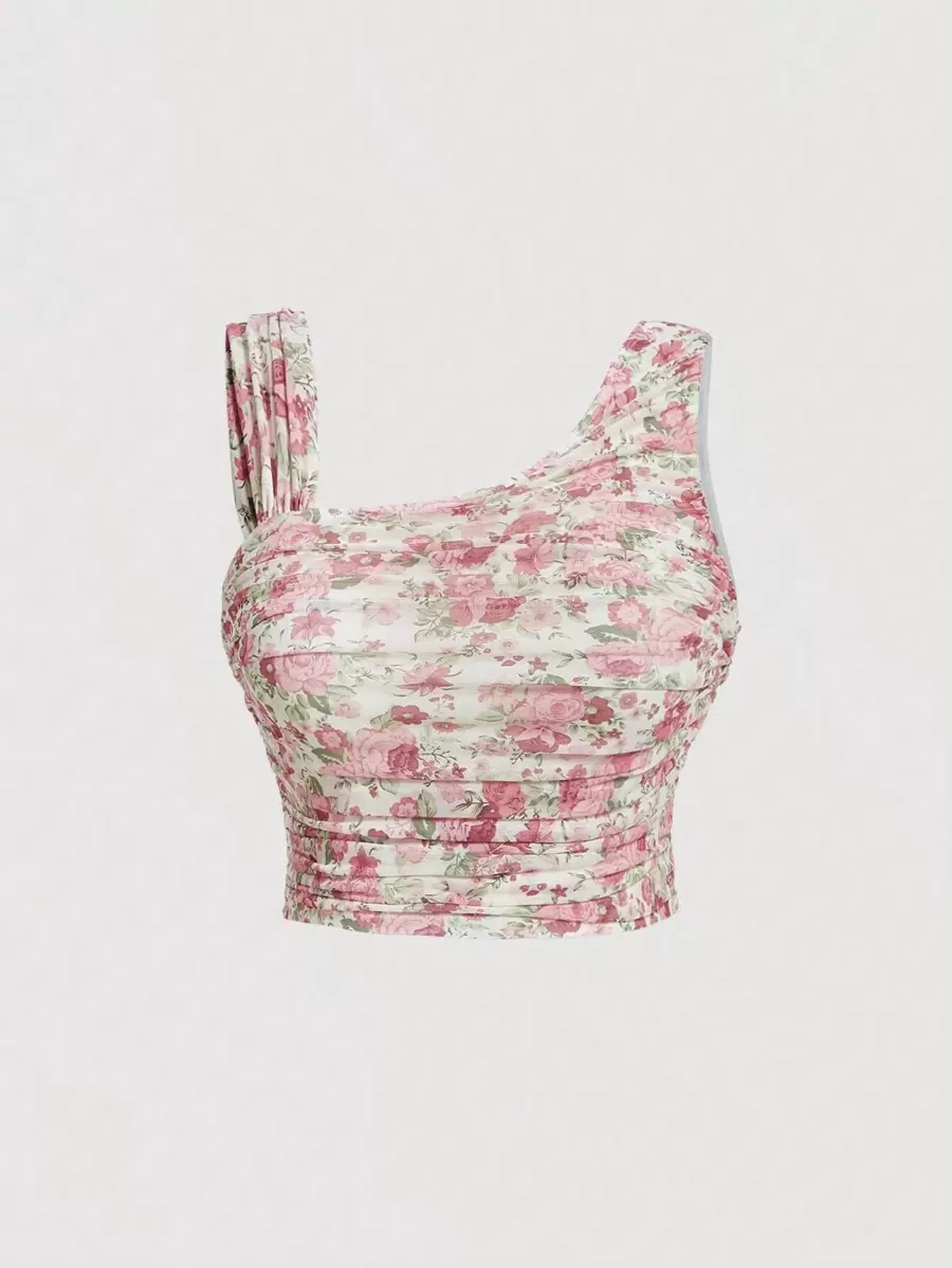 SHEIN MOD Plus Allover Floral Print Asymmetrical Neck Ruched Crop Top - Multicolor - View 1