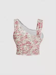 SHEIN MOD Plus Allover Floral Print Asymmetrical Neck Ruched Crop Top - Multicolor - View 2