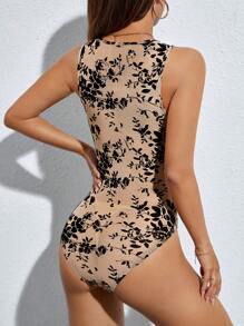 SHEIN PETITE Floral Print Mesh Tank Bodysuit - Multicolor - View 2