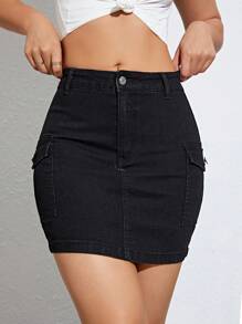 SHEIN Essnce Flap Pocket Bodycon Denim Skirt